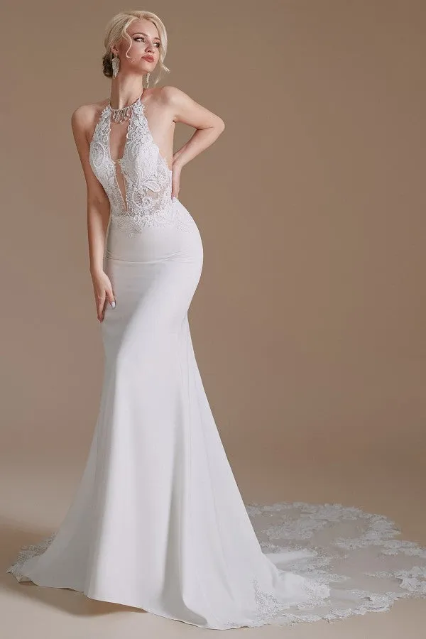 Modest Long Mermaid Halter Backless Satin Wedding Dress with Lace Appliques