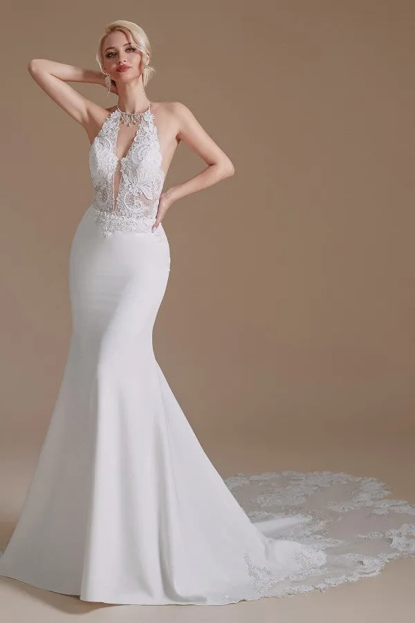 Modest Long Mermaid Halter Backless Satin Wedding Dress with Lace Appliques