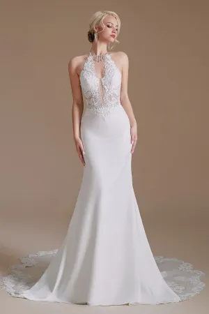 Modest Long Mermaid Halter Backless Satin Wedding Dress with Lace Appliques