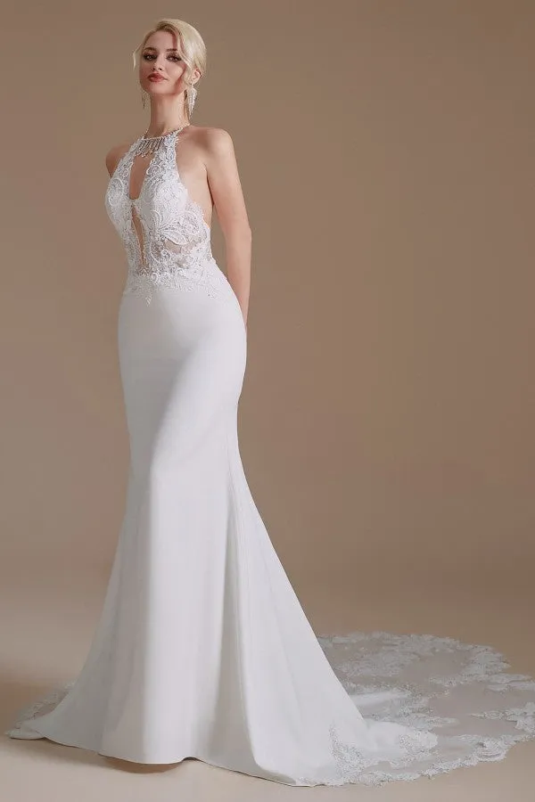 Modest Long Mermaid Halter Backless Satin Wedding Dress with Lace Appliques