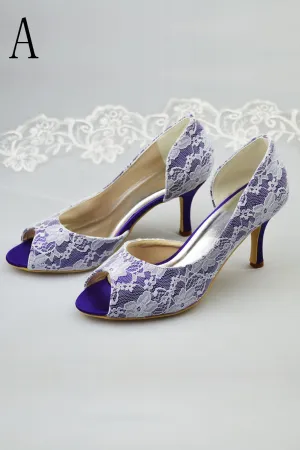 Nave Blue Peep Toe Simple Wedding Shoes With White Lace S14