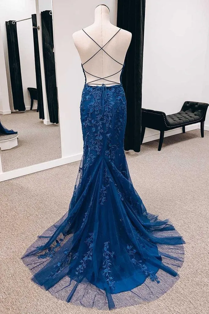 Navy Appliques Lace-Up Back Mermaid Long Prom Dress with Slit PSK391