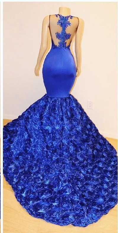 New Arrival Royal-Blue Flowers Mermaid Sleeveless With lace Appliques Prom Dresses