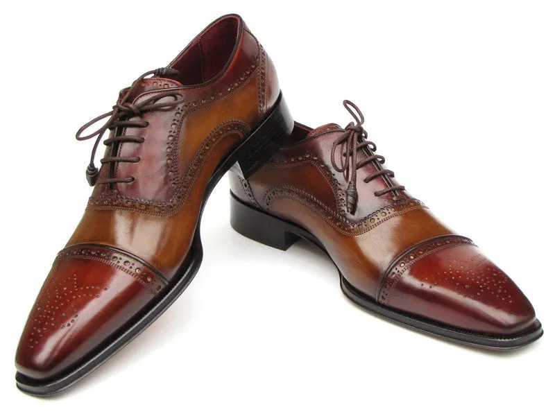 Paul Parkman Captoe Oxfords- Camel/ Red Hand-Painted Leather Upper And Leather Sole