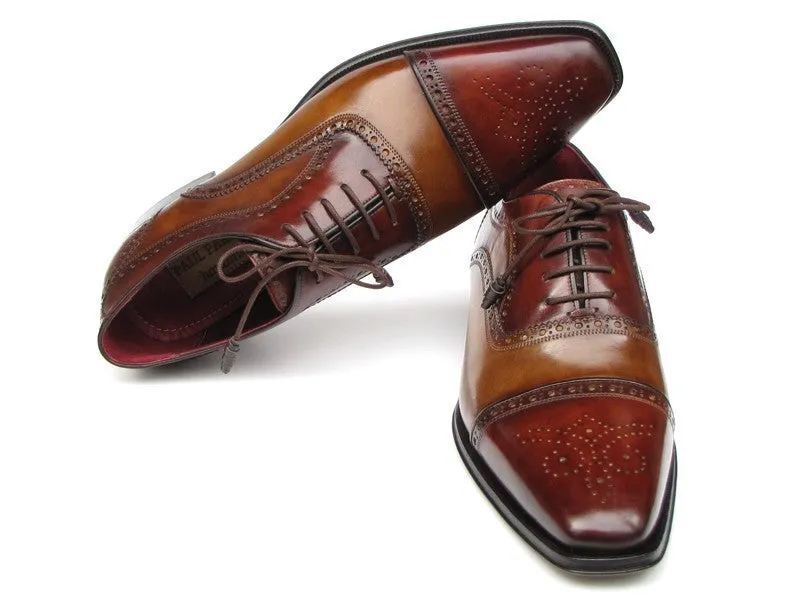 Paul Parkman Captoe Oxfords- Camel/ Red Hand-Painted Leather Upper And Leather Sole