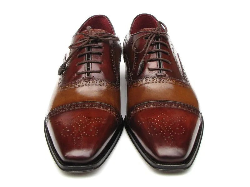 Paul Parkman Captoe Oxfords- Camel/ Red Hand-Painted Leather Upper And Leather Sole