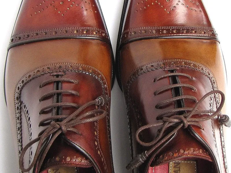 Paul Parkman Captoe Oxfords- Camel/ Red Hand-Painted Leather Upper And Leather Sole