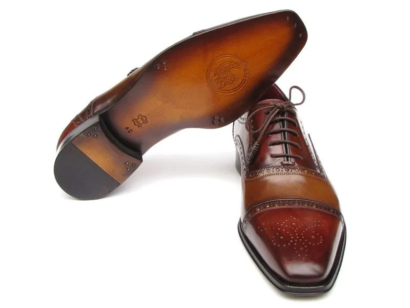 Paul Parkman Captoe Oxfords- Camel/ Red Hand-Painted Leather Upper And Leather Sole