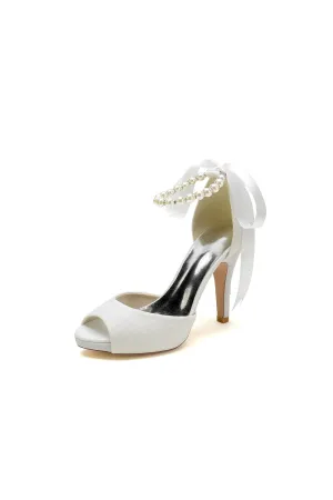 Peep Toe Pearl Strap Ribborn Wedding