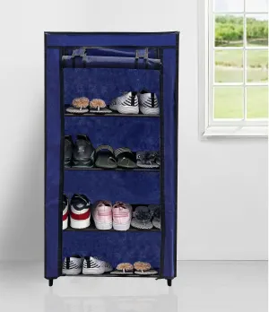 PHILOSHOP - 10 Inch & 4 Layer Shoe Rack For Home With Non Woven Fabric Cover| Chappal Stand| Shoes Stand| Dark Blue, Metal