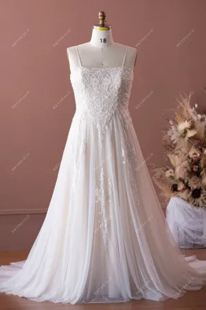 Plus Size Spaghetti Strap Stylish Lace A-line Champagne Bridal Dress