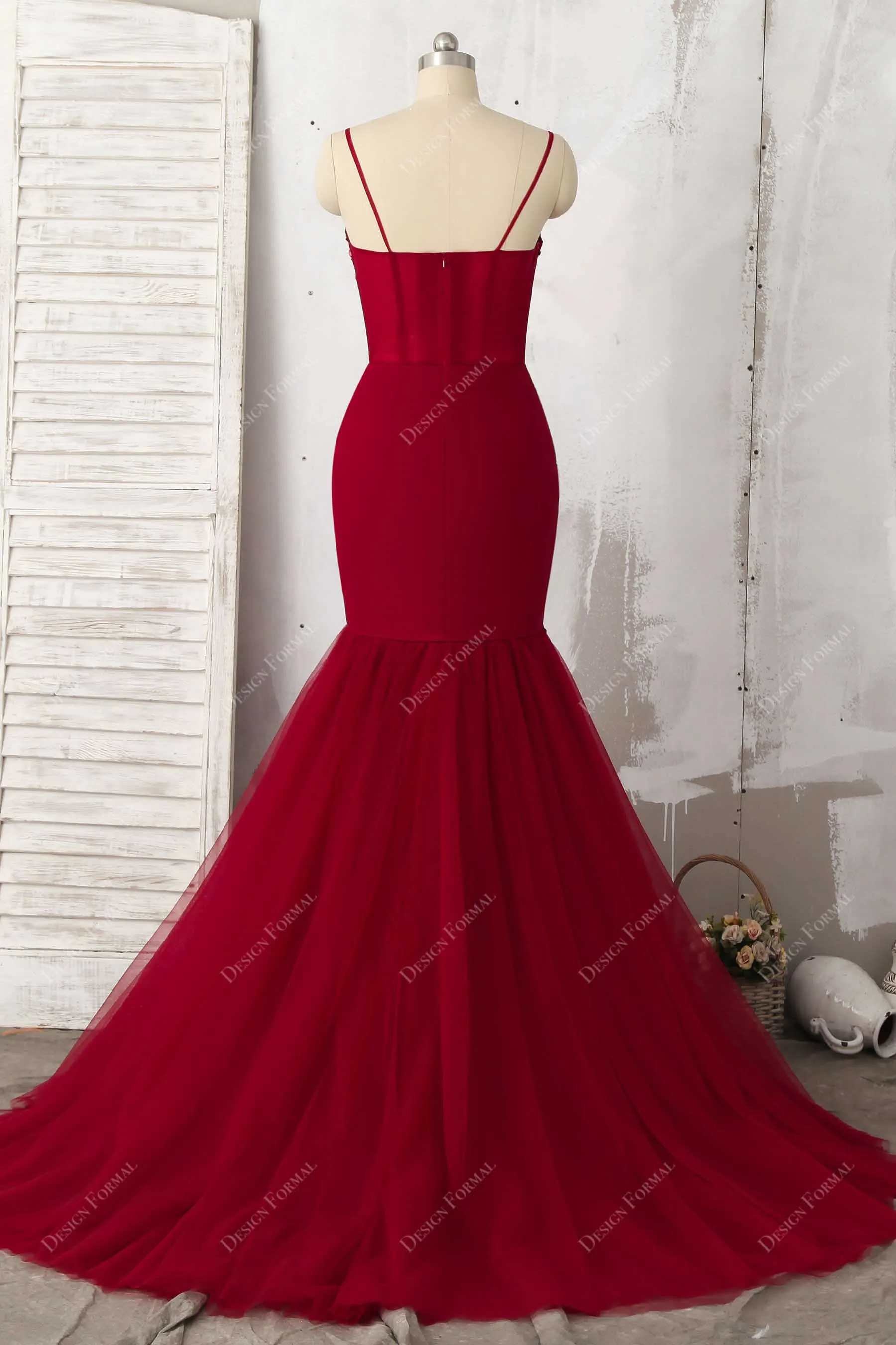 Red Lace Tulle Bead Corset Dramatic Trumpet Prom Dress