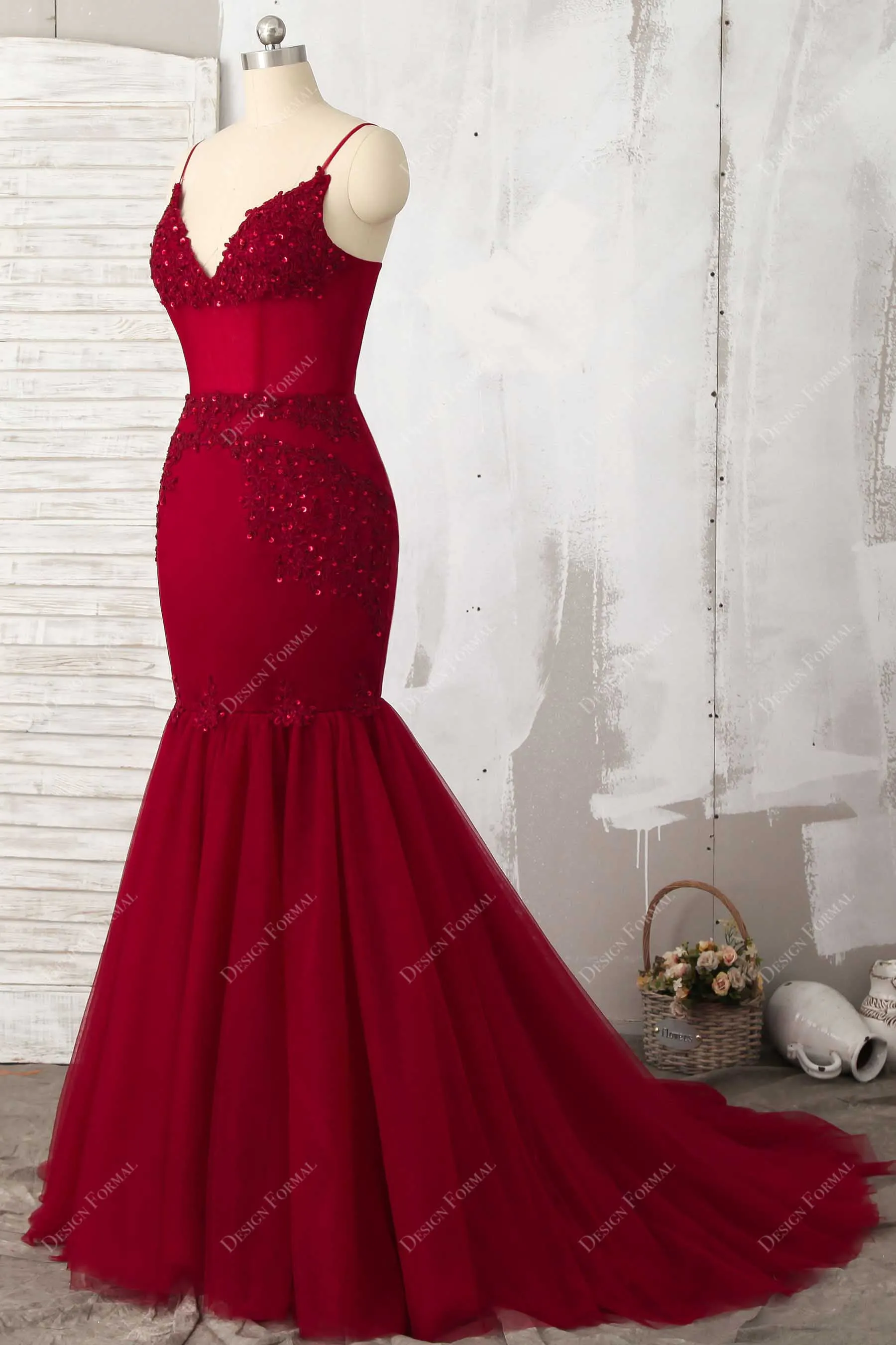 Red Lace Tulle Bead Corset Dramatic Trumpet Prom Dress