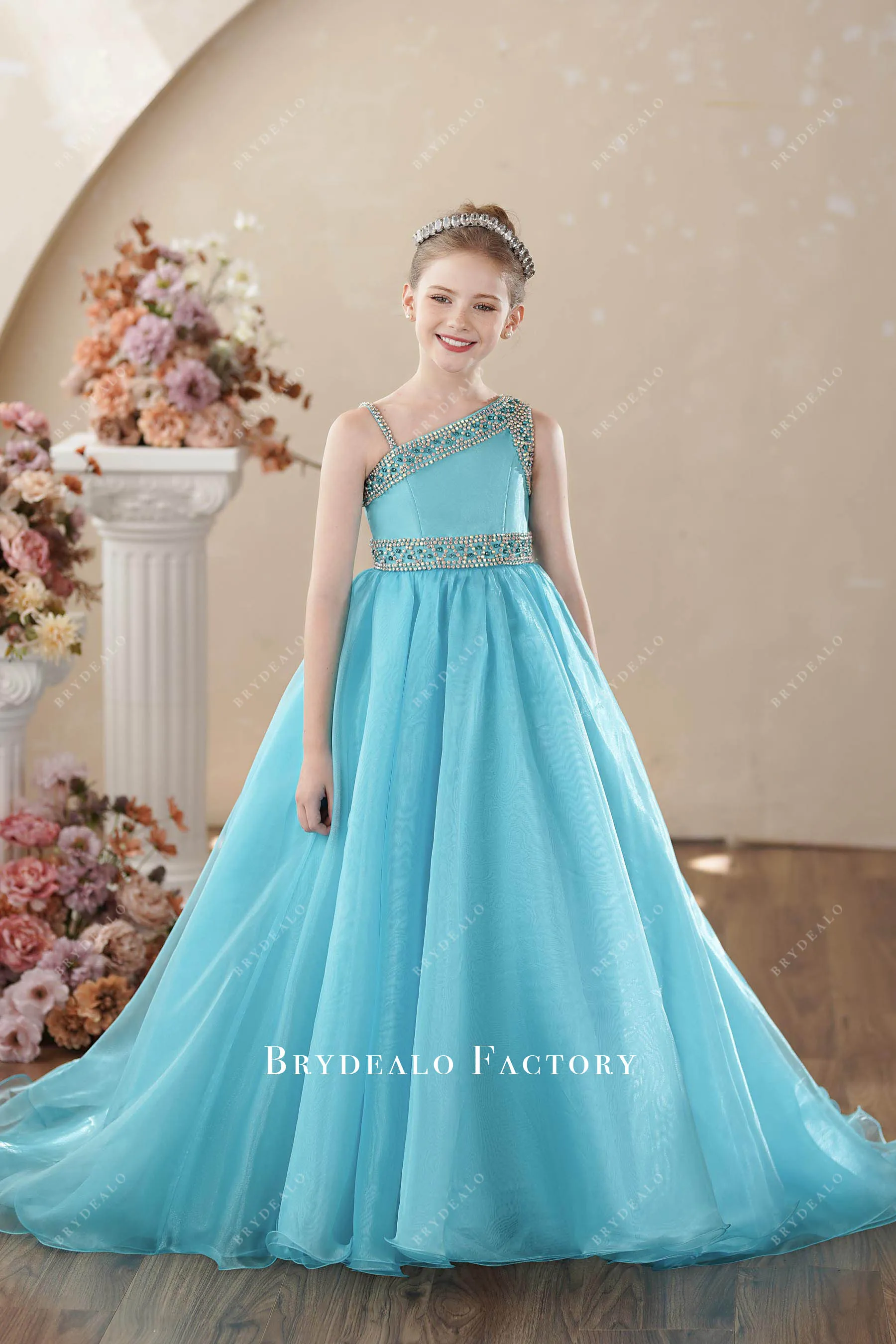 Rhinestones Pool Blue Organza Asymmetrical Teen Pageant Gown