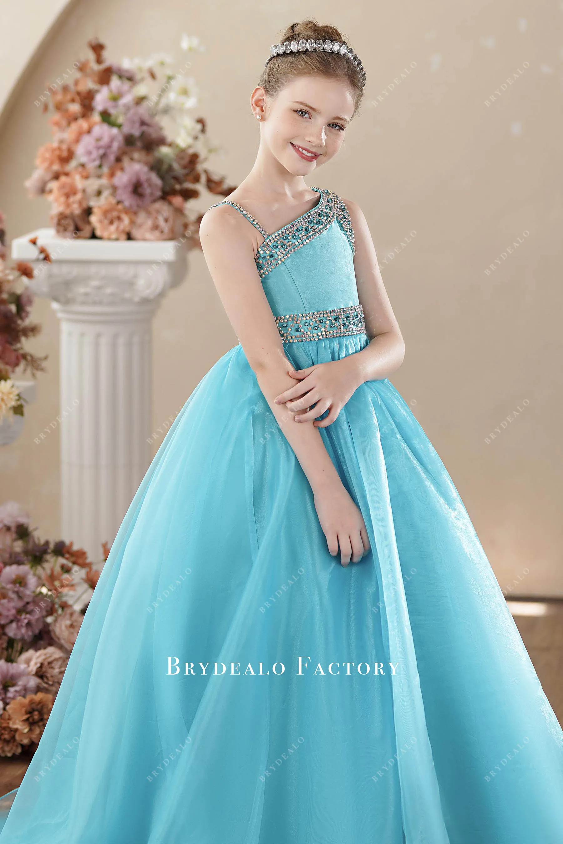 Rhinestones Pool Blue Organza Asymmetrical Teen Pageant Gown