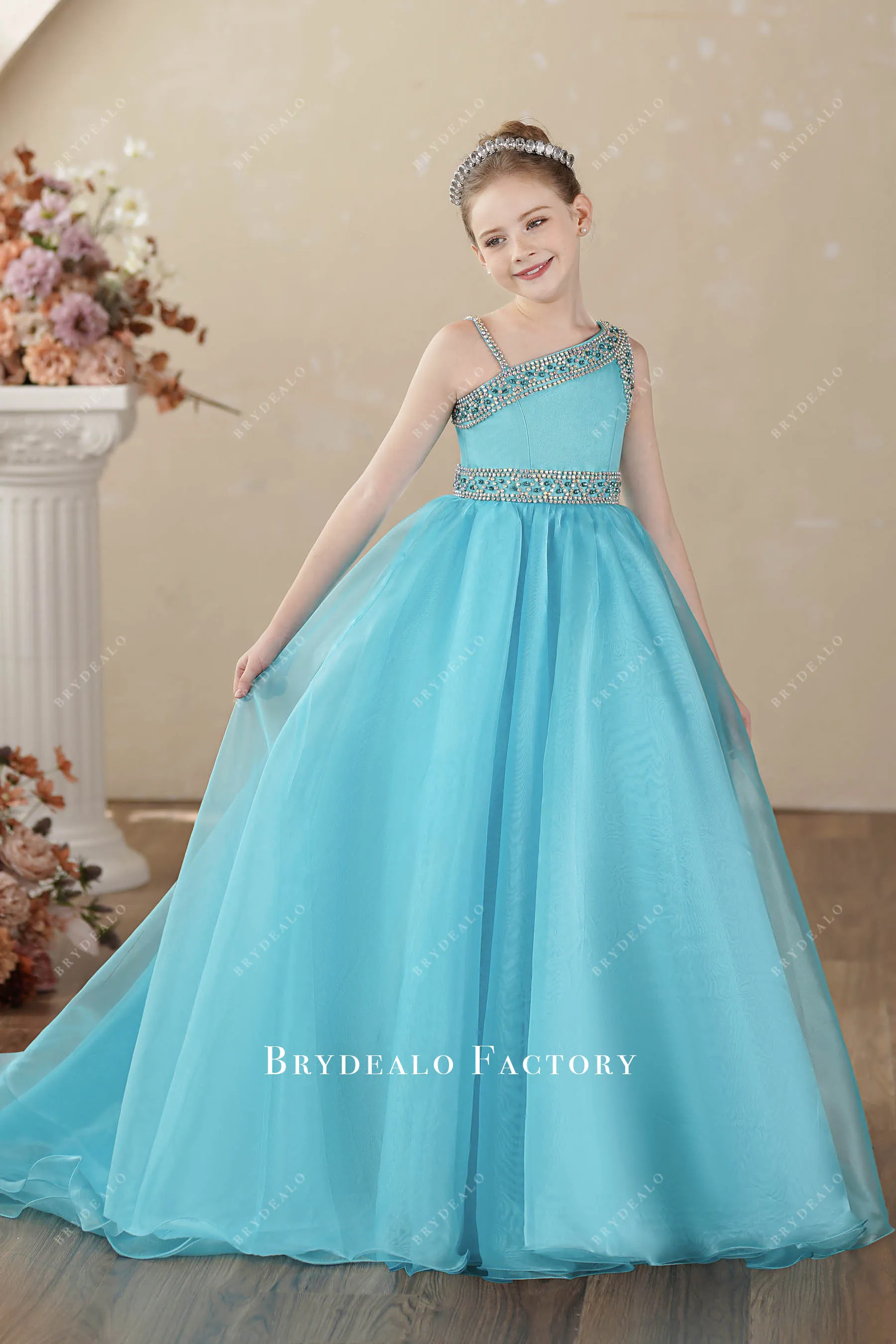 Rhinestones Pool Blue Organza Asymmetrical Teen Pageant Gown