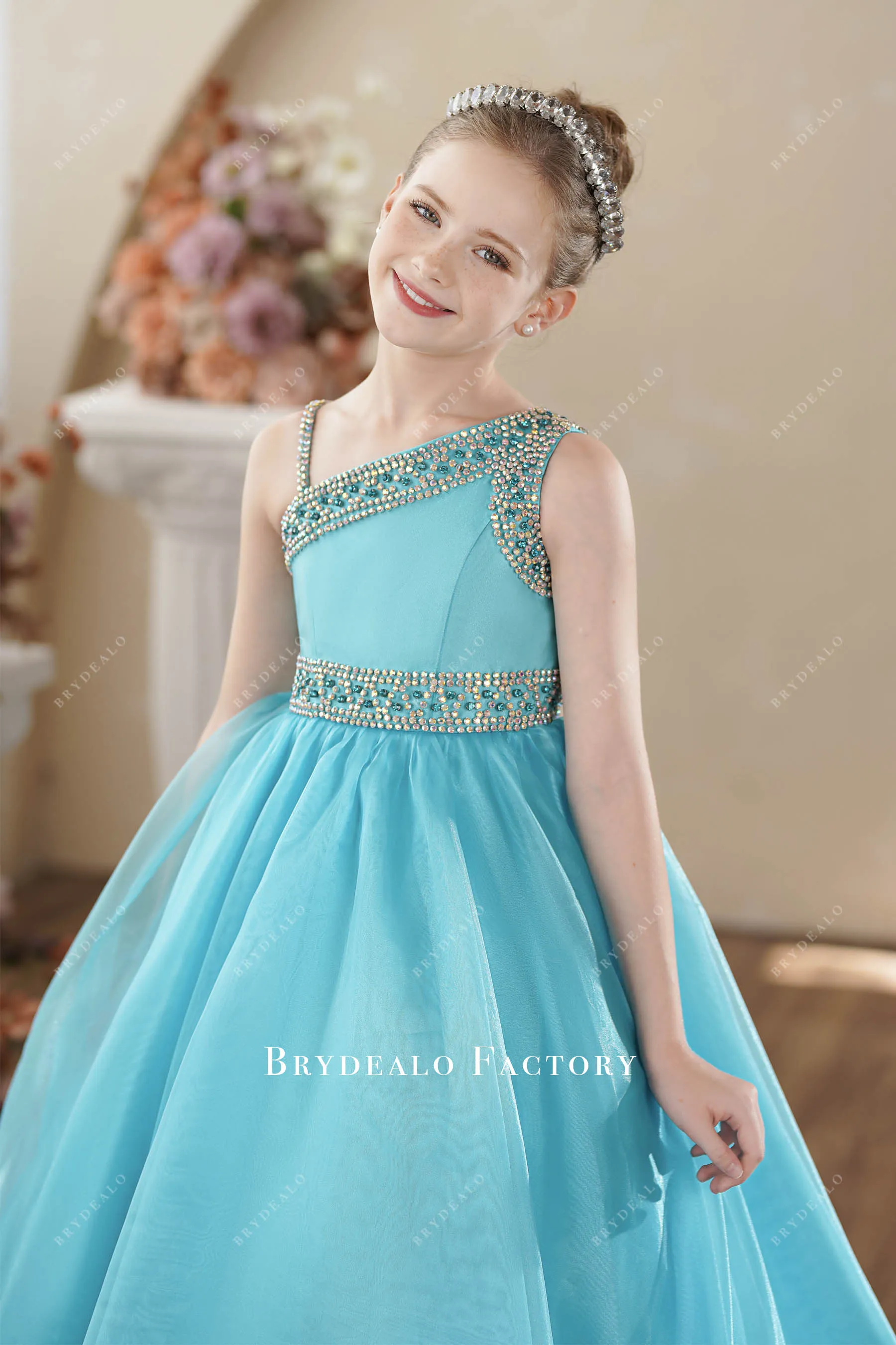 Rhinestones Pool Blue Organza Asymmetrical Teen Pageant Gown