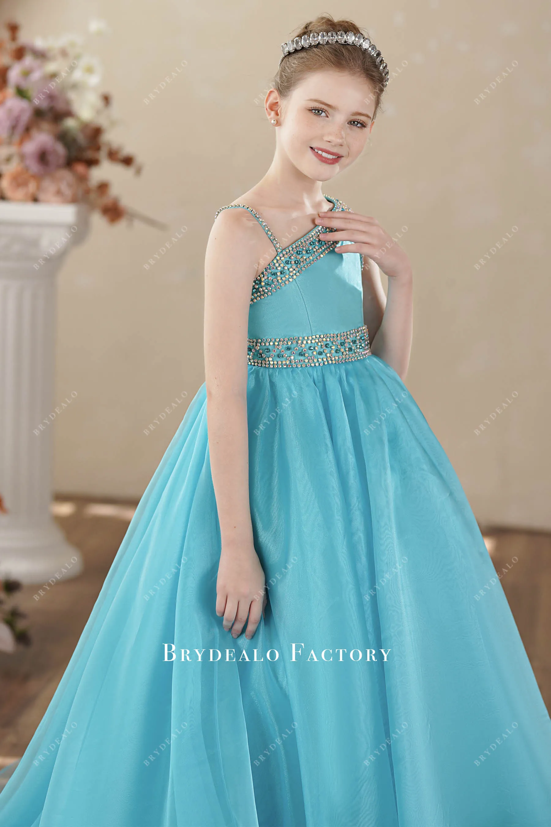 Rhinestones Pool Blue Organza Asymmetrical Teen Pageant Gown