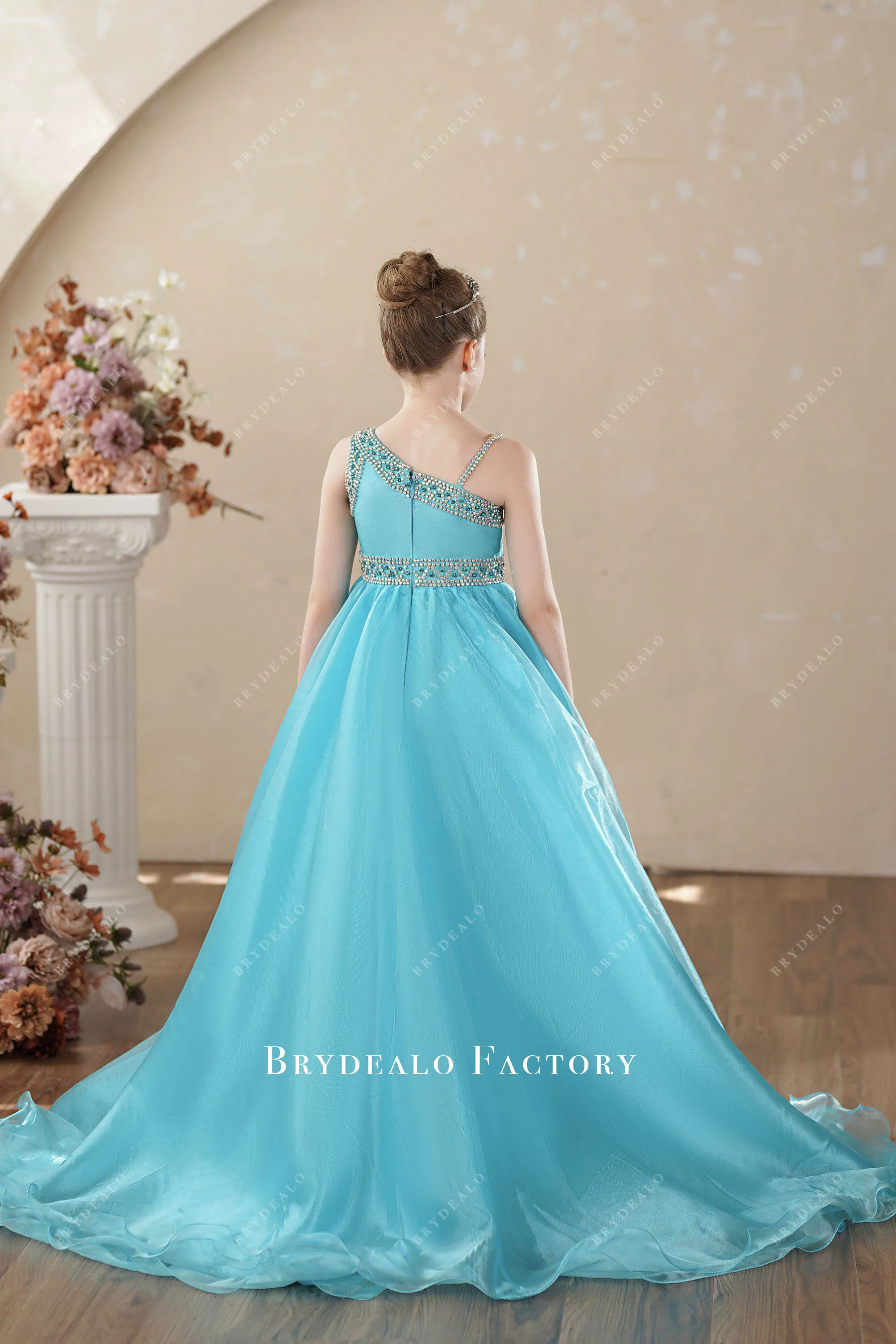 Rhinestones Pool Blue Organza Asymmetrical Teen Pageant Gown