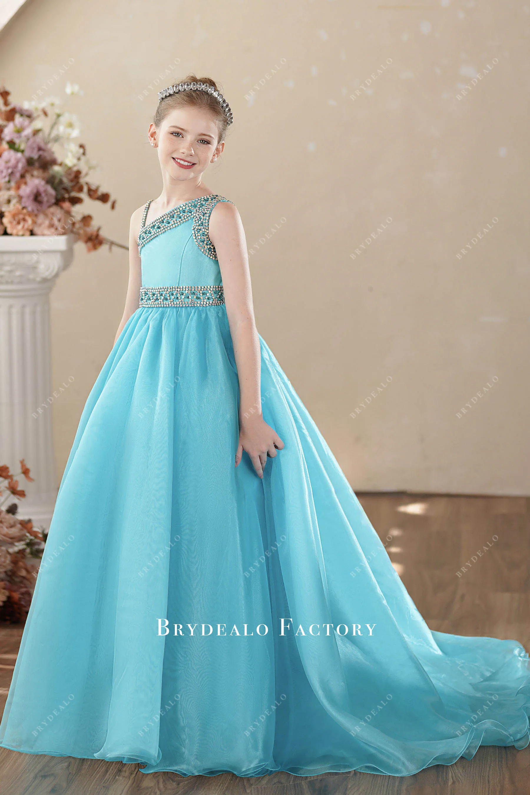 Rhinestones Pool Blue Organza Asymmetrical Teen Pageant Gown