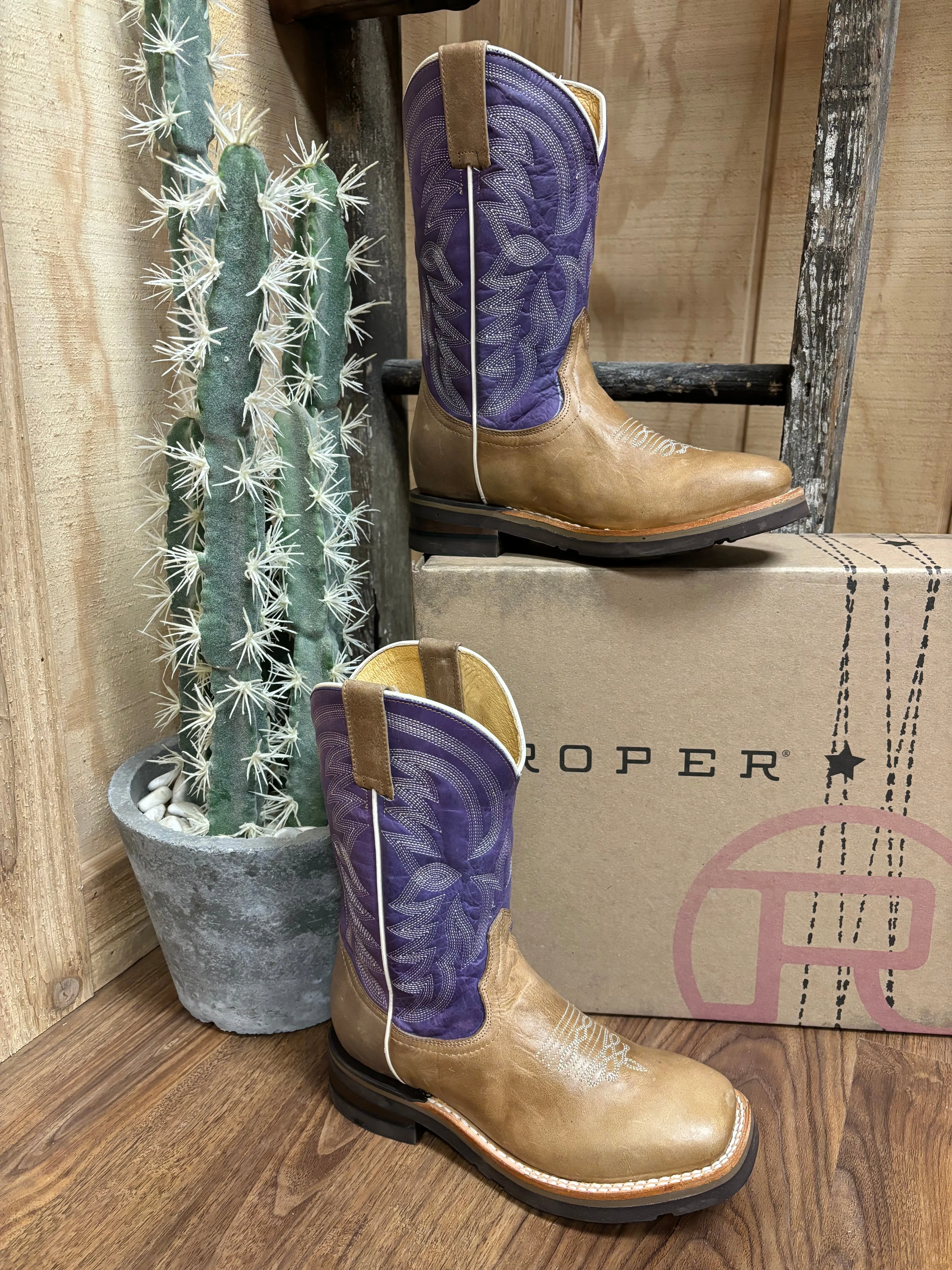 Roper Girl's Purple & Marbled Tan Square Toe Cowboy Boots 9991-0405