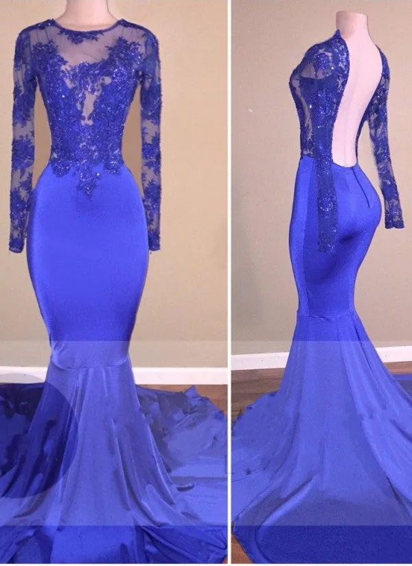 Royal-Blue Long-Sleeves Open-Back Mermaid Charming Sheer Prom Dresses