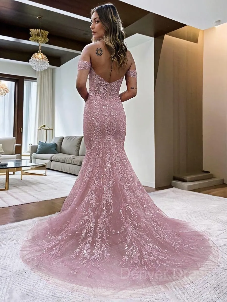 Sheath Off-the-Shoulder Court Train Lace Prom Dresses With Appliques Lace