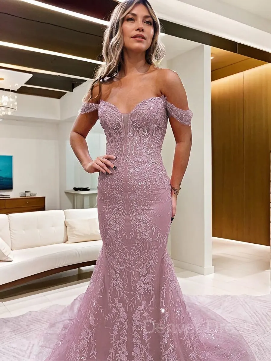 Sheath Off-the-Shoulder Court Train Lace Prom Dresses With Appliques Lace