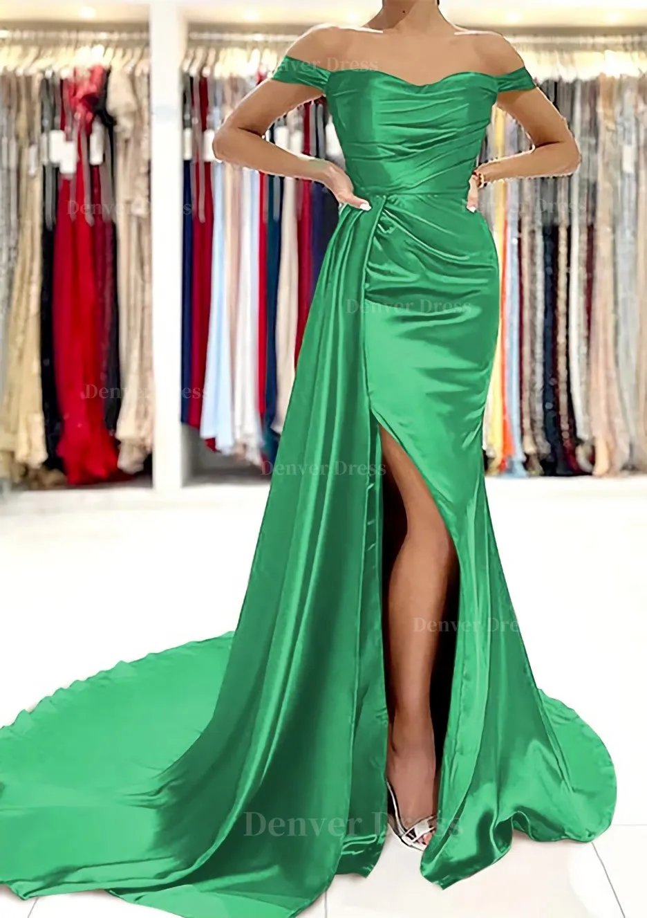 Sheath/Column Off-the-Shoulder Short Sleeve Charmeuse Court Train Prom Dress With Pleated