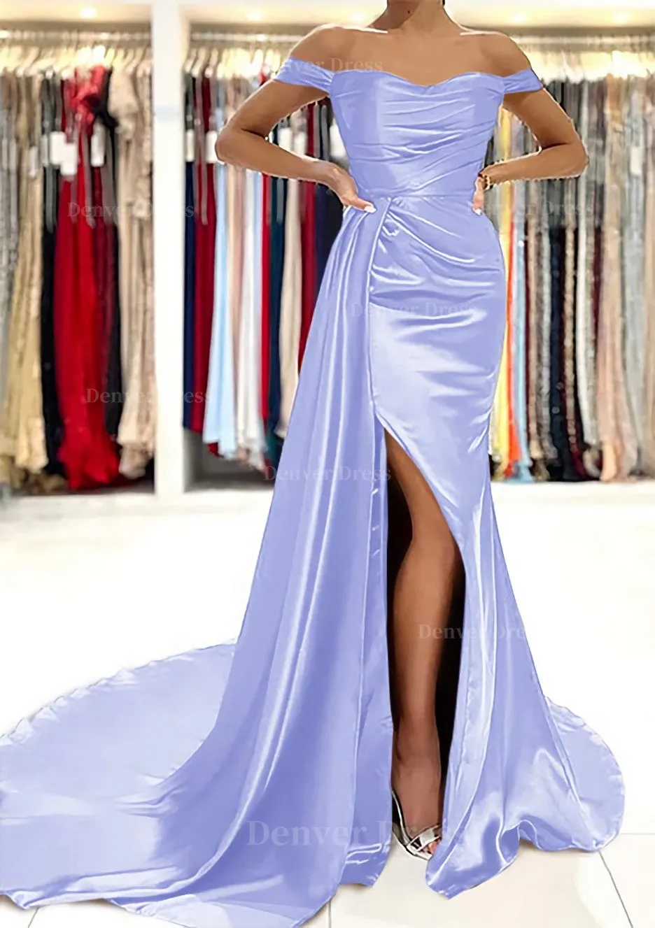 Sheath/Column Off-the-Shoulder Short Sleeve Charmeuse Court Train Prom Dress With Pleated