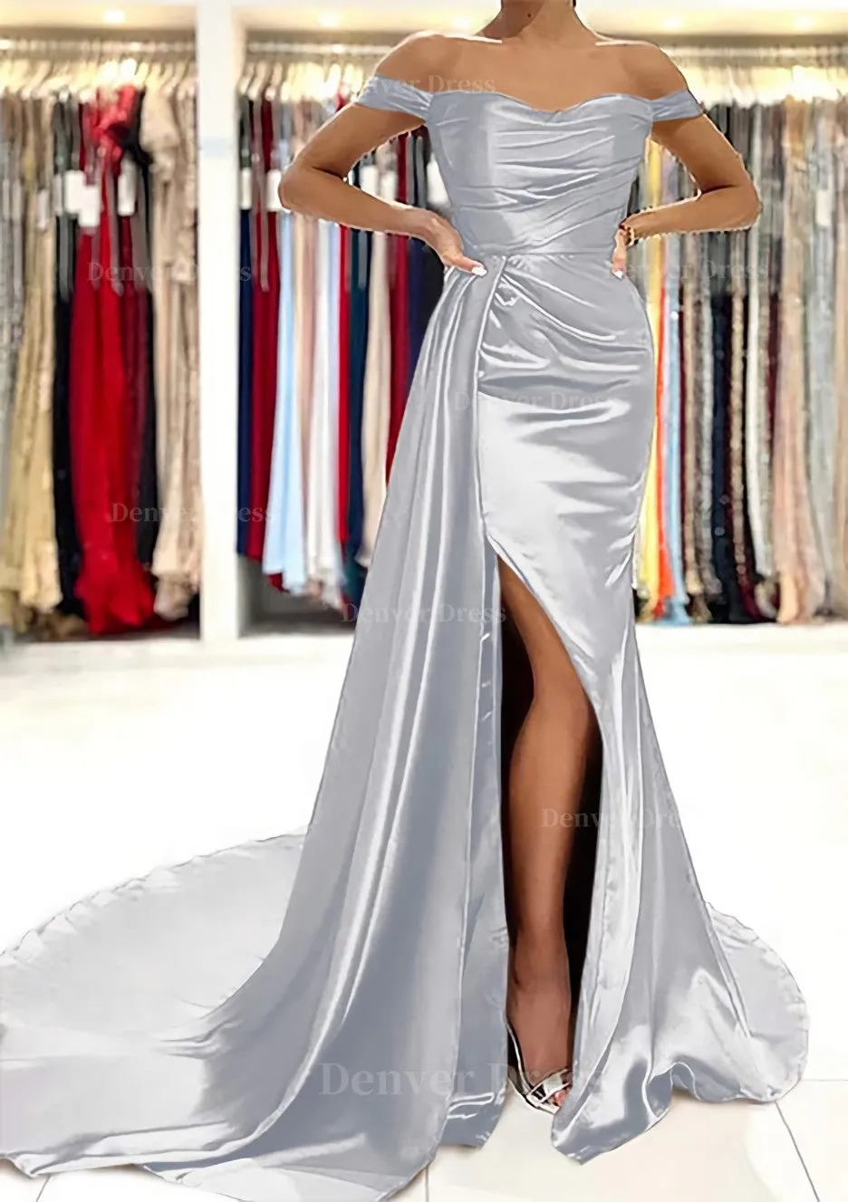 Sheath/Column Off-the-Shoulder Short Sleeve Charmeuse Court Train Prom Dress With Pleated