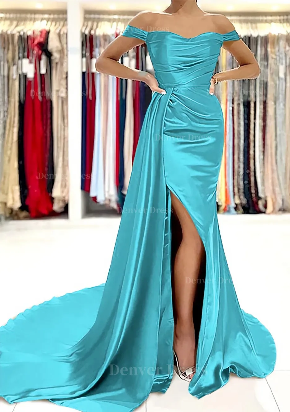 Sheath/Column Off-the-Shoulder Short Sleeve Charmeuse Court Train Prom Dress With Pleated