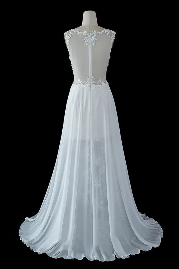 Sheer Tulle A-line Wedding Dress With Lace Split Straps