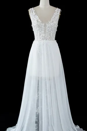 Sheer Tulle A-line Wedding Dress With Lace Split Straps