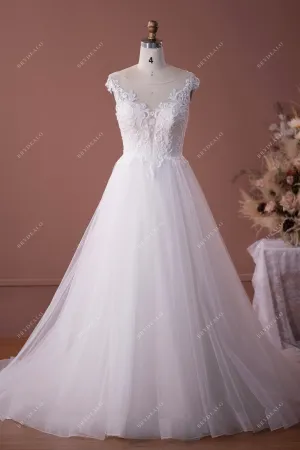 Stylish Illusion Neck Cap Sleeve Lace Tulle A-line Garden Wedding Dress