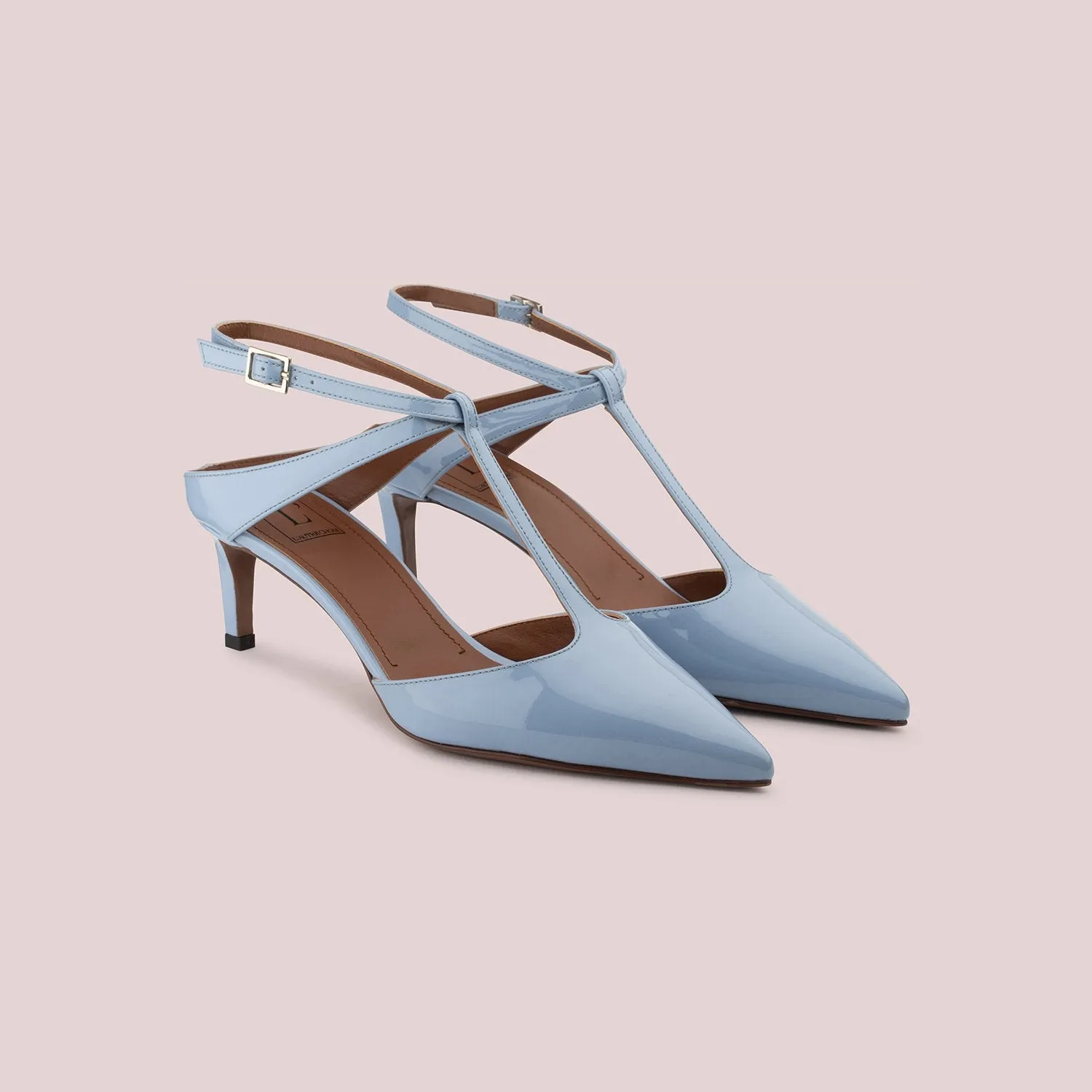 T-Bar Court Shoes In Sky Blue Patent Leather