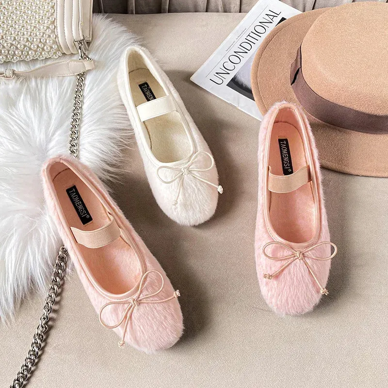 TAVIMART  -  Fur Short Plush Ballet Flats Shoes Women Elegant Bow White Fluffy Mary Jeanes Shoes Ladies Casual Pink Round Toe Fleece Loafers