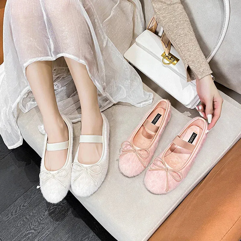 TAVIMART  -  Fur Short Plush Ballet Flats Shoes Women Elegant Bow White Fluffy Mary Jeanes Shoes Ladies Casual Pink Round Toe Fleece Loafers