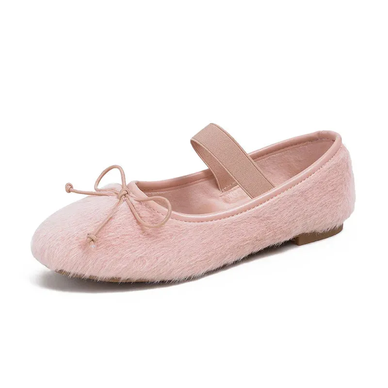 TAVIMART  -  Fur Short Plush Ballet Flats Shoes Women Elegant Bow White Fluffy Mary Jeanes Shoes Ladies Casual Pink Round Toe Fleece Loafers