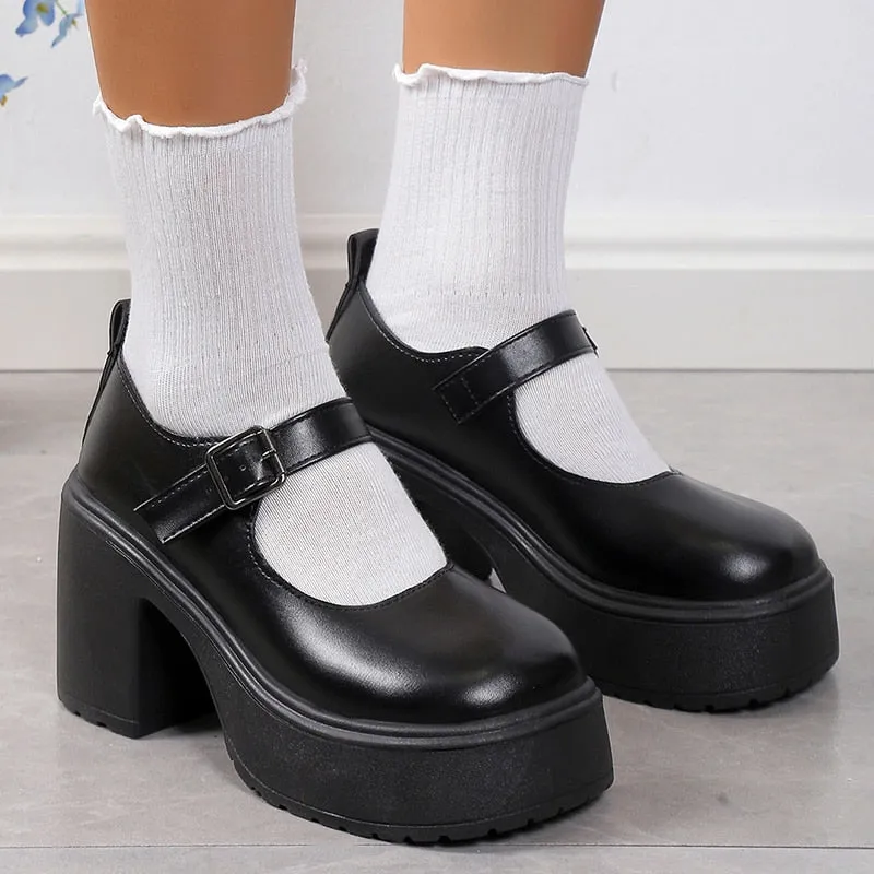 Toleet Black Chunky Platform Mary Jane Shoes Women Fashion Buckle Strap High Heel Pumps Woman PU Leather Thick Heeled Goth Shoes 35-42