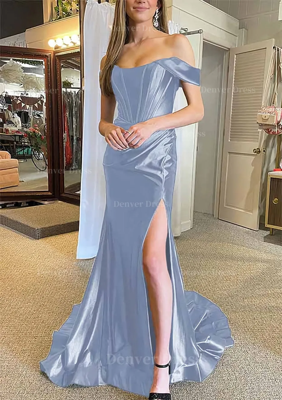 Trumpet/Mermaid Off-the-Shoulder Regular Straps Court Train Silk like Satin Prom Dress With Pleated Split