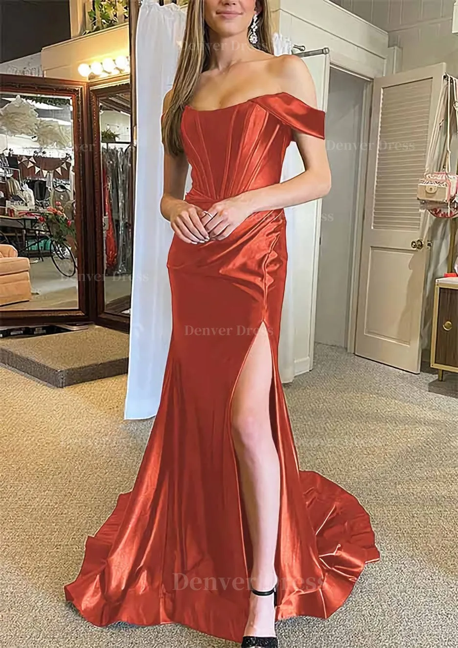 Trumpet/Mermaid Off-the-Shoulder Regular Straps Court Train Silk like Satin Prom Dress With Pleated Split