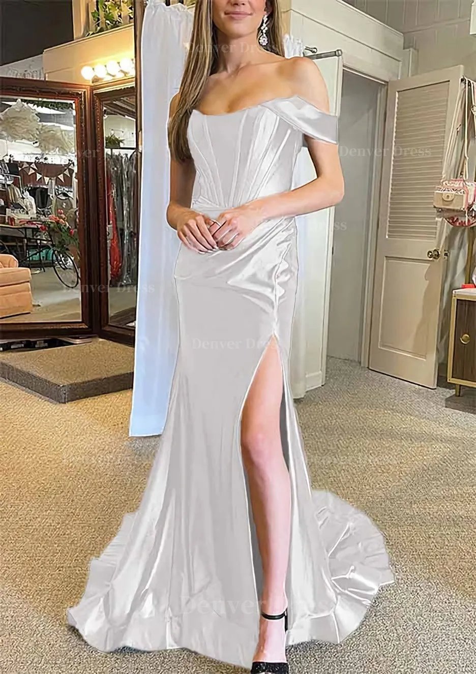 Trumpet/Mermaid Off-the-Shoulder Regular Straps Court Train Silk like Satin Prom Dress With Pleated Split