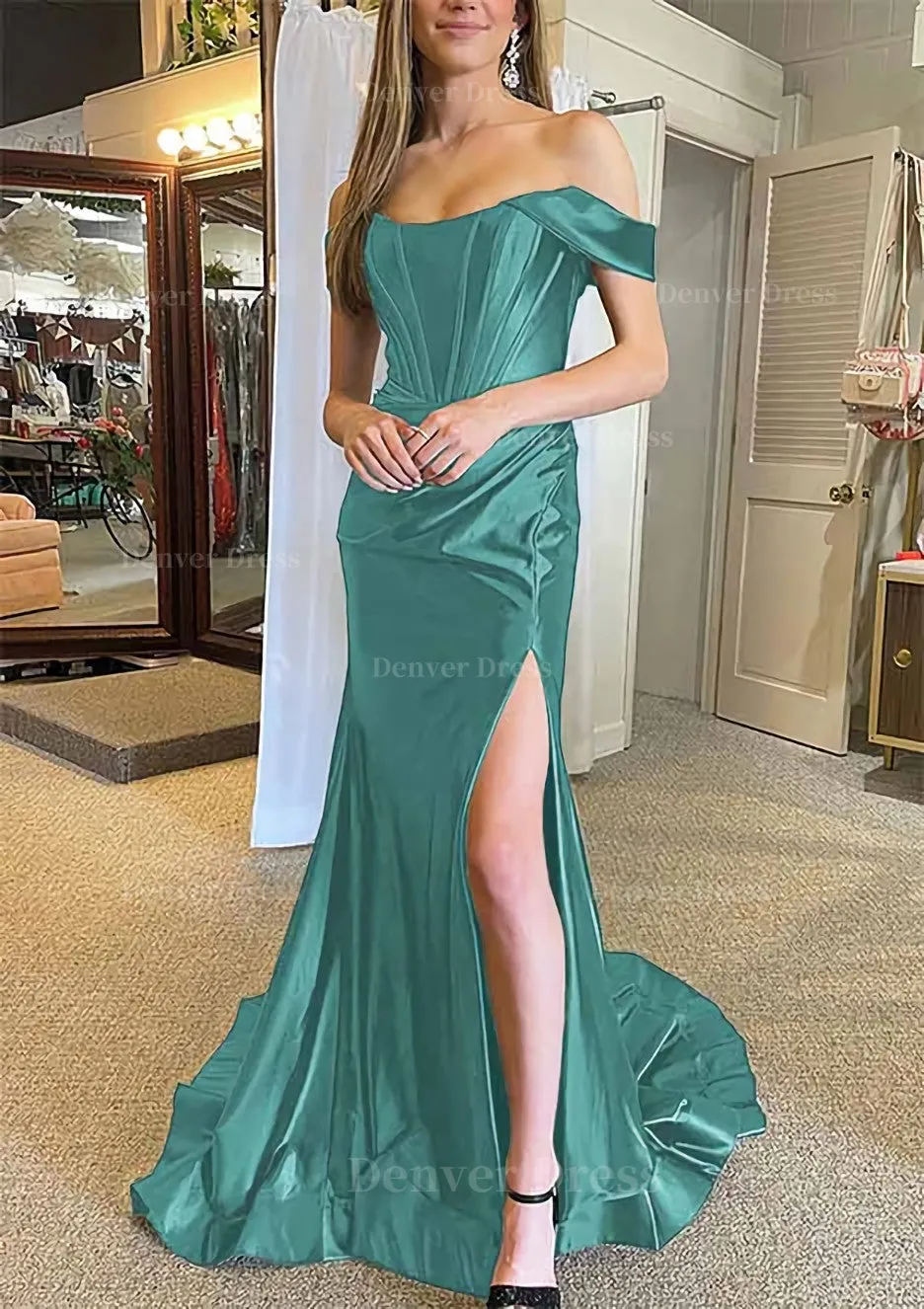 Trumpet/Mermaid Off-the-Shoulder Regular Straps Court Train Silk like Satin Prom Dress With Pleated Split