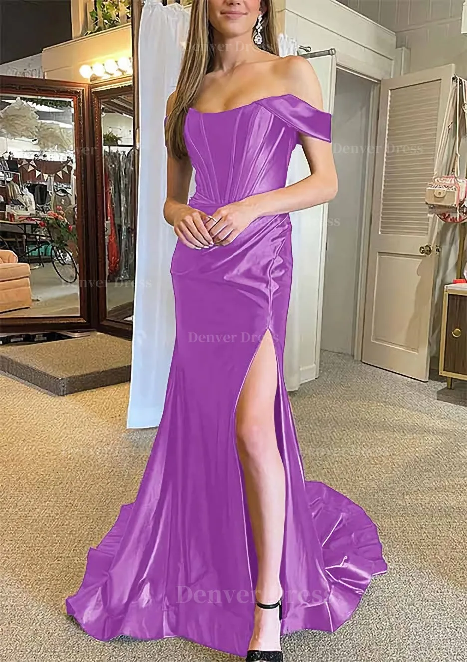 Trumpet/Mermaid Off-the-Shoulder Regular Straps Court Train Silk like Satin Prom Dress With Pleated Split