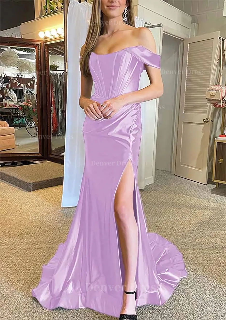 Trumpet/Mermaid Off-the-Shoulder Regular Straps Court Train Silk like Satin Prom Dress With Pleated Split