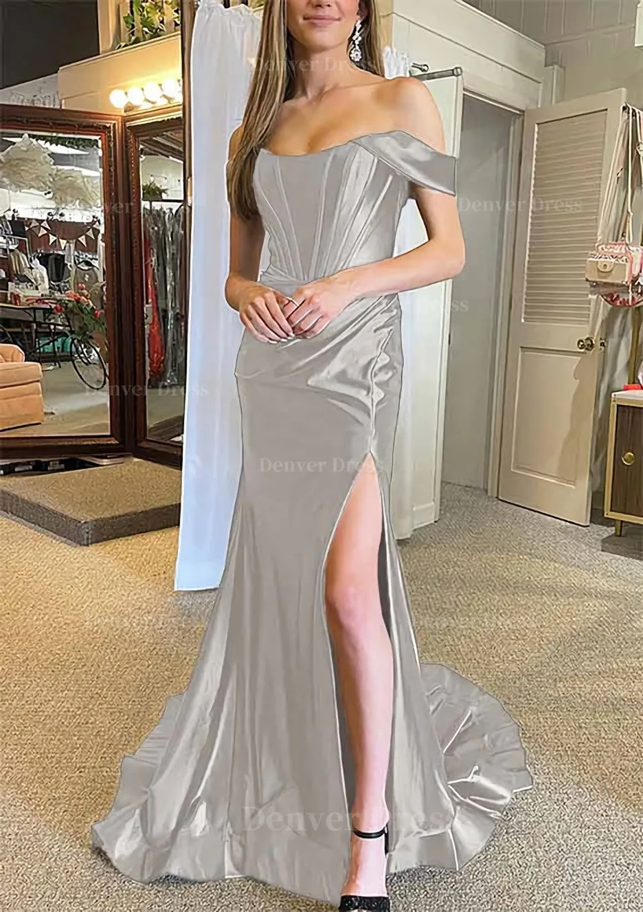 Trumpet/Mermaid Off-the-Shoulder Regular Straps Court Train Silk like Satin Prom Dress With Pleated Split