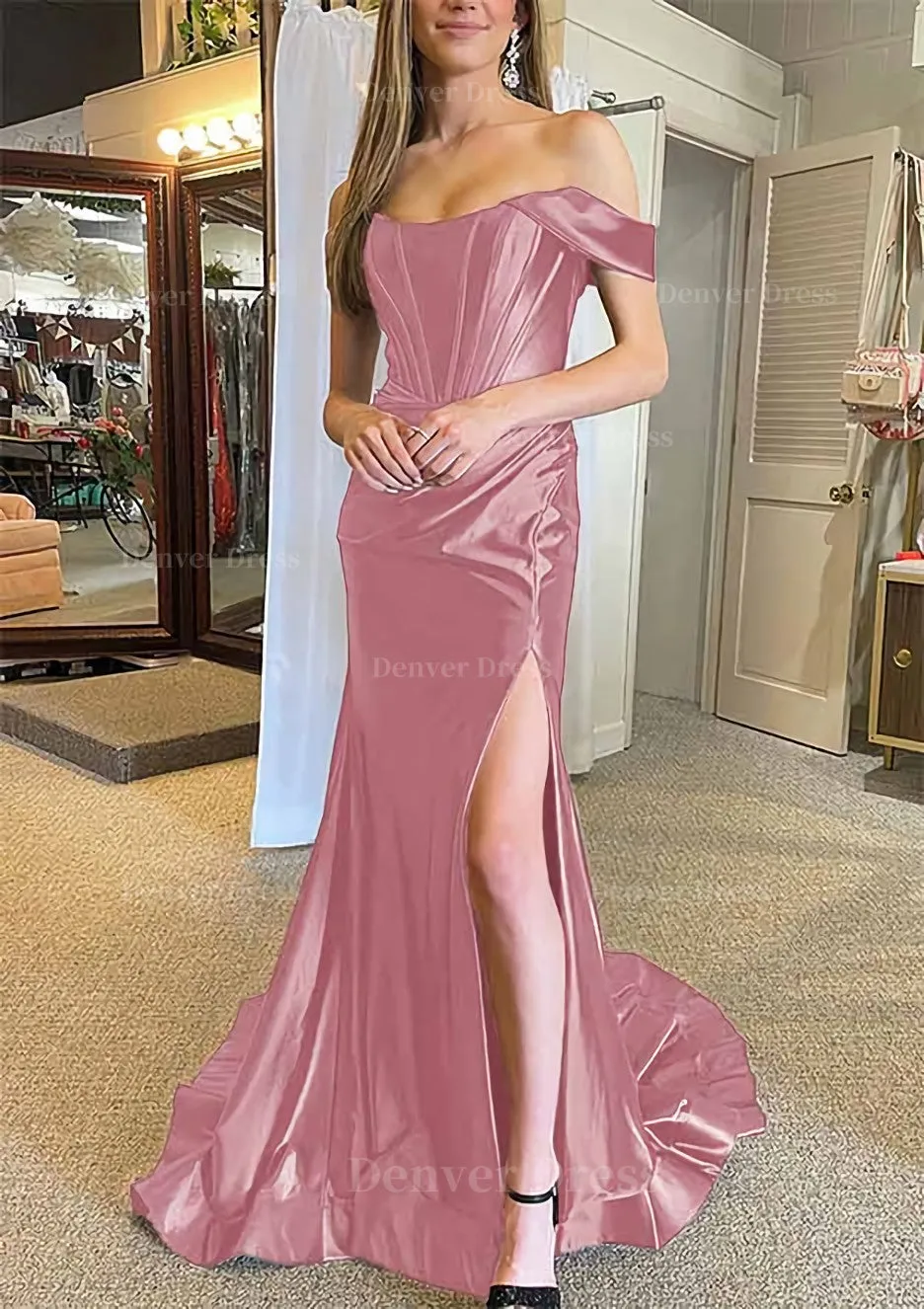 Trumpet/Mermaid Off-the-Shoulder Regular Straps Court Train Silk like Satin Prom Dress With Pleated Split