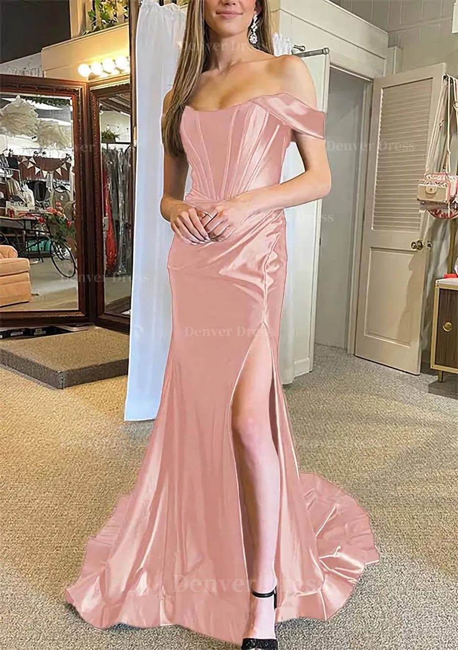 Trumpet/Mermaid Off-the-Shoulder Regular Straps Court Train Silk like Satin Prom Dress With Pleated Split