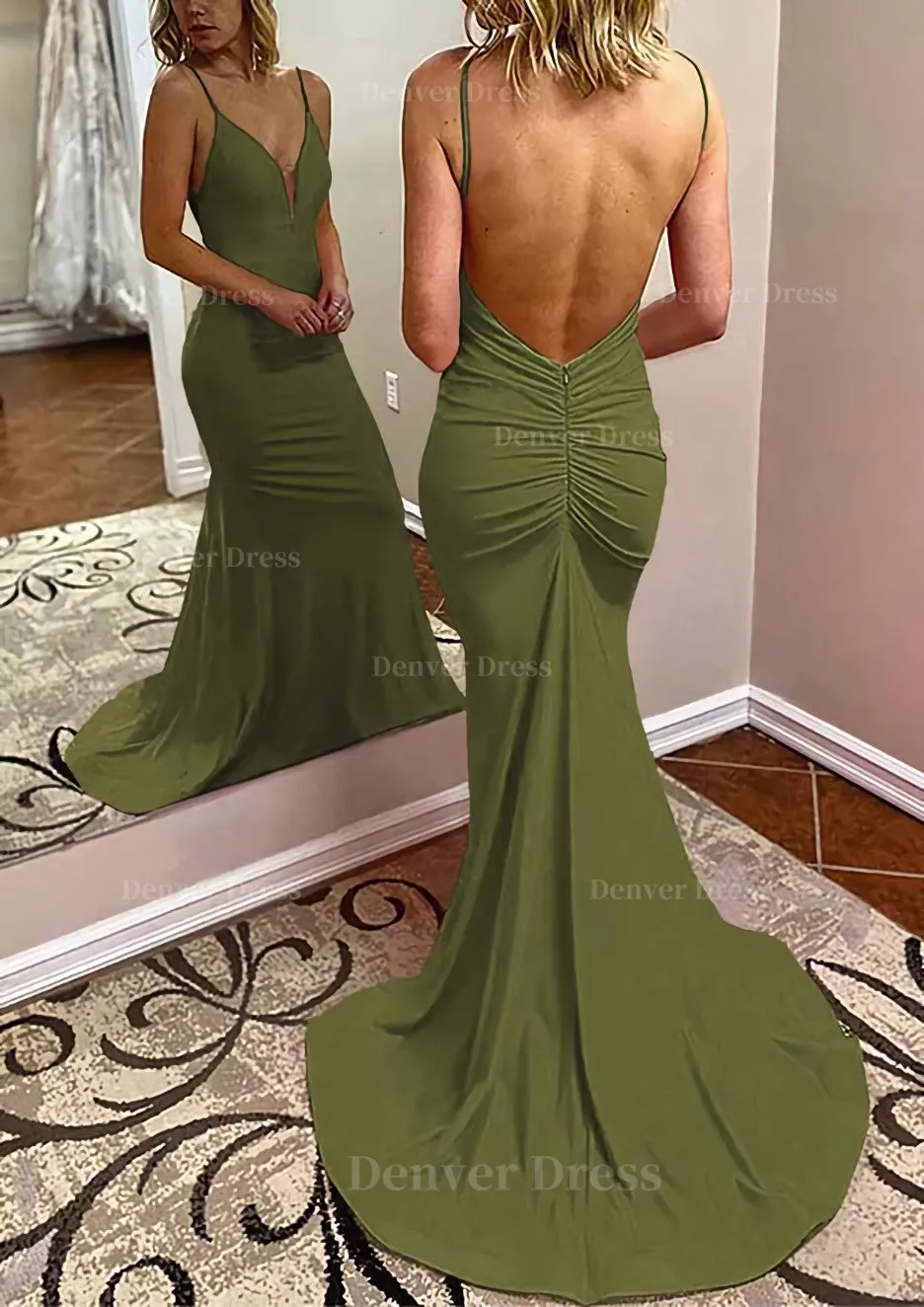 Trumpet/Mermaid V Neck Spaghetti Straps Court Train Jersey Prom Dress With Pleated